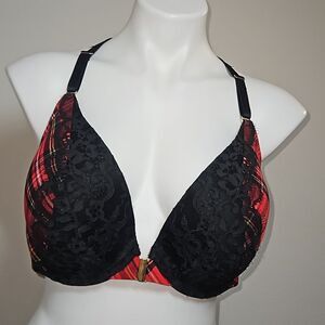 Cacique 42D Red Plaid Push-Up Racerback Bra